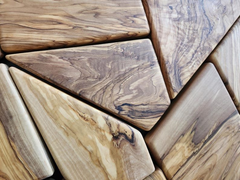 Olive Wood Mosaic Wall Art – Geometric Wooden Wall Panel, Handmade Natural Wood Decor