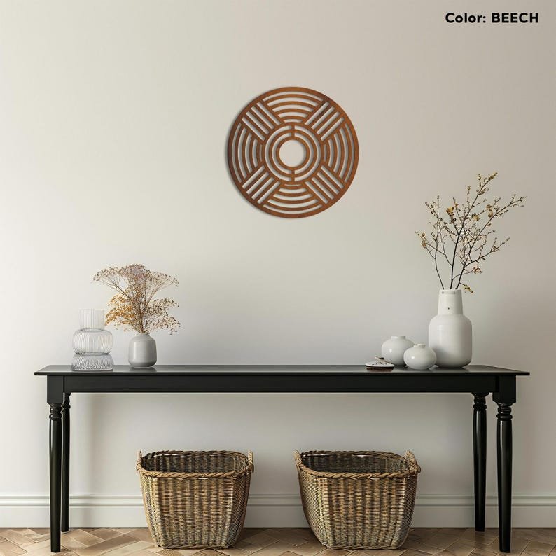 Large Round Wood Wall Art – Handmade Geometric Circle Panel, Abstract Boho Wall Decor